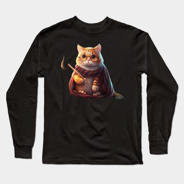 Cute Wand Wizard Cat Long Sleeve T-Shirt by TriHarder12